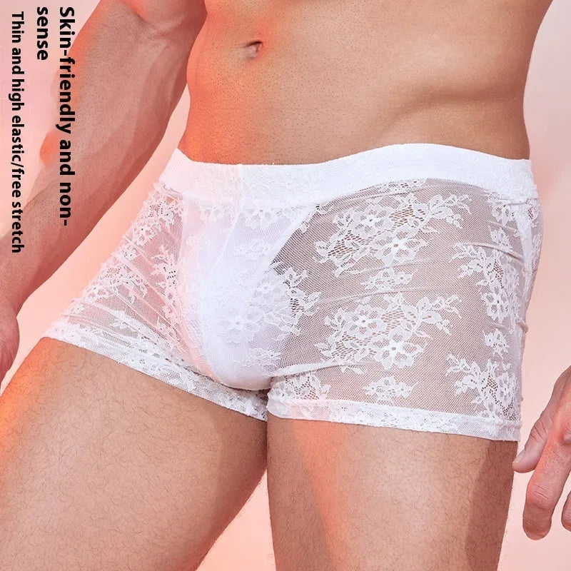 Black lace detail men's nylon boxers briefs on a white background.
