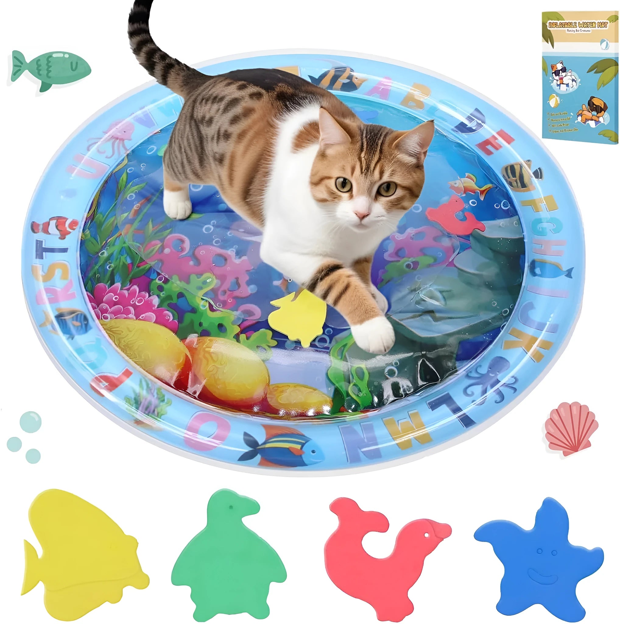 Thickened PVC water sensory play mat for pets with ocean fish design and floating toys.