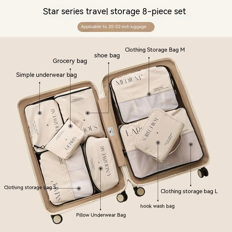 Travel storage bag set with multiple PP packing bags for clothing, underwear, shoes, and sundries