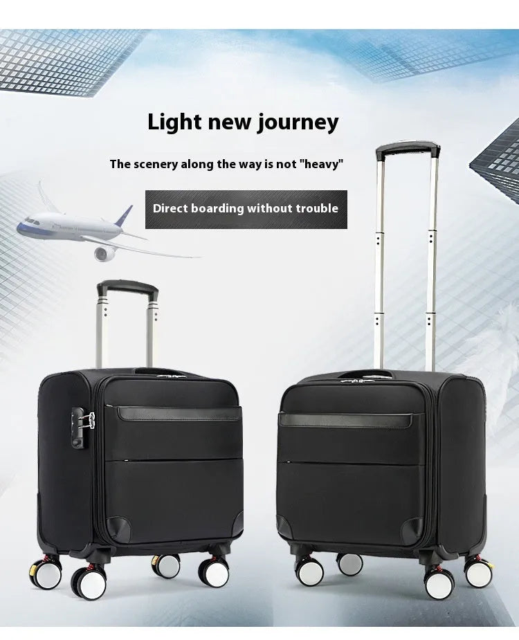 Black 18-inch Oxford cloth business travel suitcase with retractable handle and universal wheels.