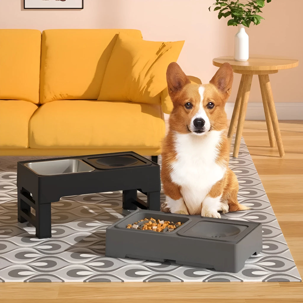 Adjustable dog feeding stand with two stainless steel bowls, set to medium height, black and grey colour