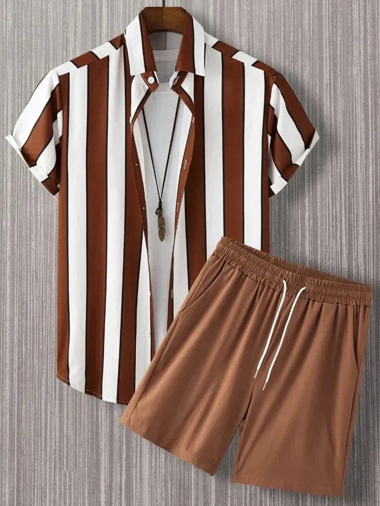 Men's beach style short sleeve shirt and shorts suit in polyester, available in multiple colours
