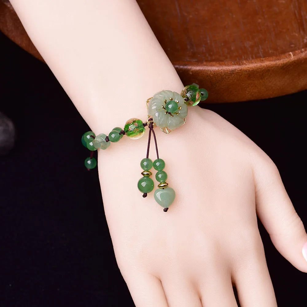 Women's Chinese style hand-woven bracelet in mixed materials with flower shape and auspicious patterns