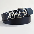 Casual snap button belt in PU leather with alloy buckle, showing 105cm length and 3.3cm width