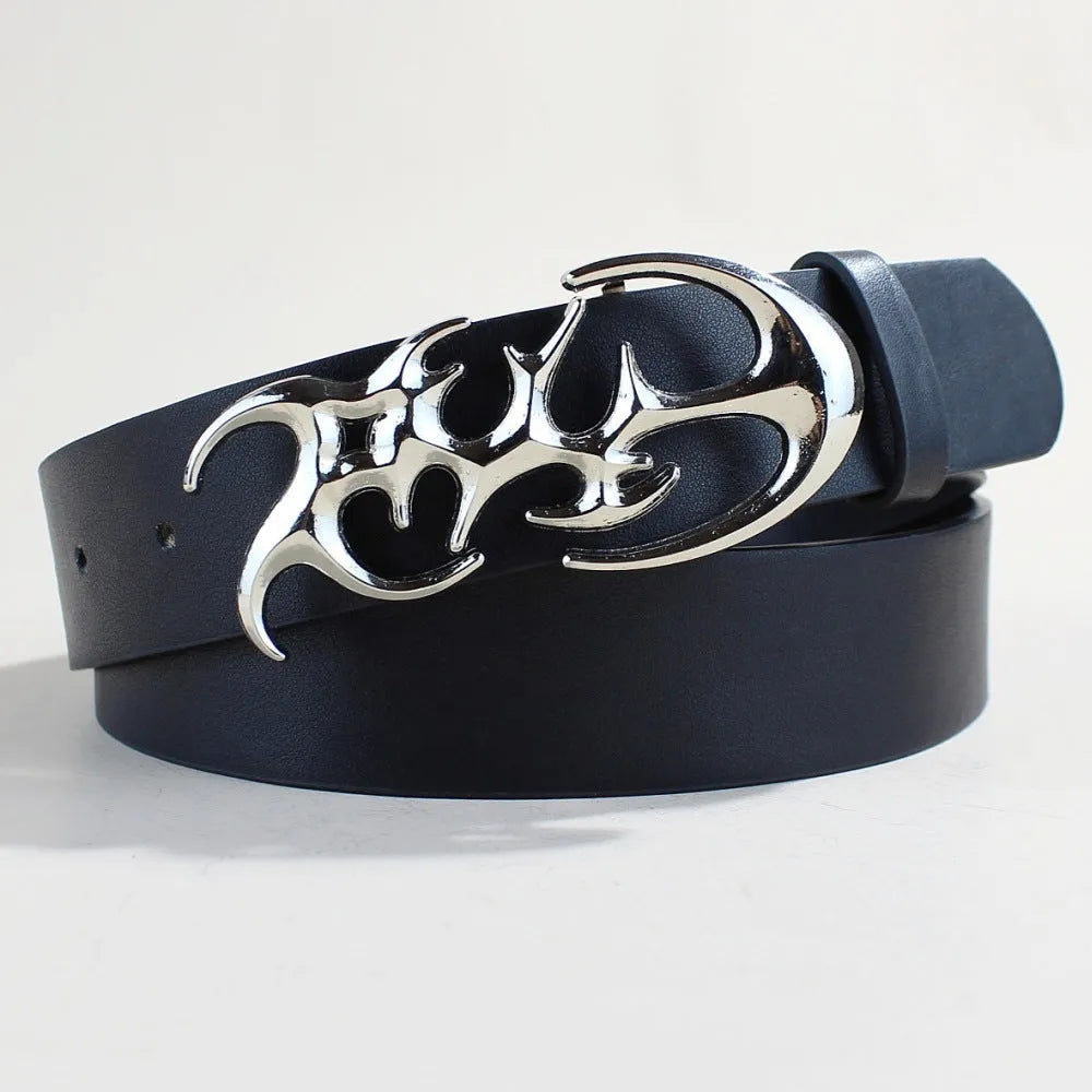 Casual snap button belt in PU leather with alloy buckle, showing 105cm length and 3.3cm width