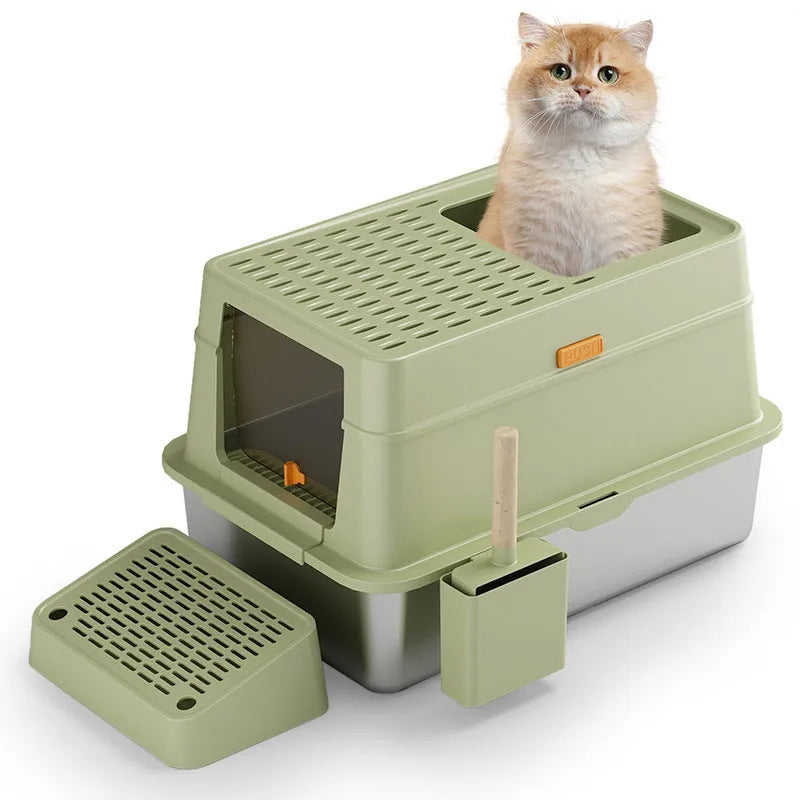 Grey fully enclosed cat toilet with pedal and stainless steel dustbin, large size for indoor cats