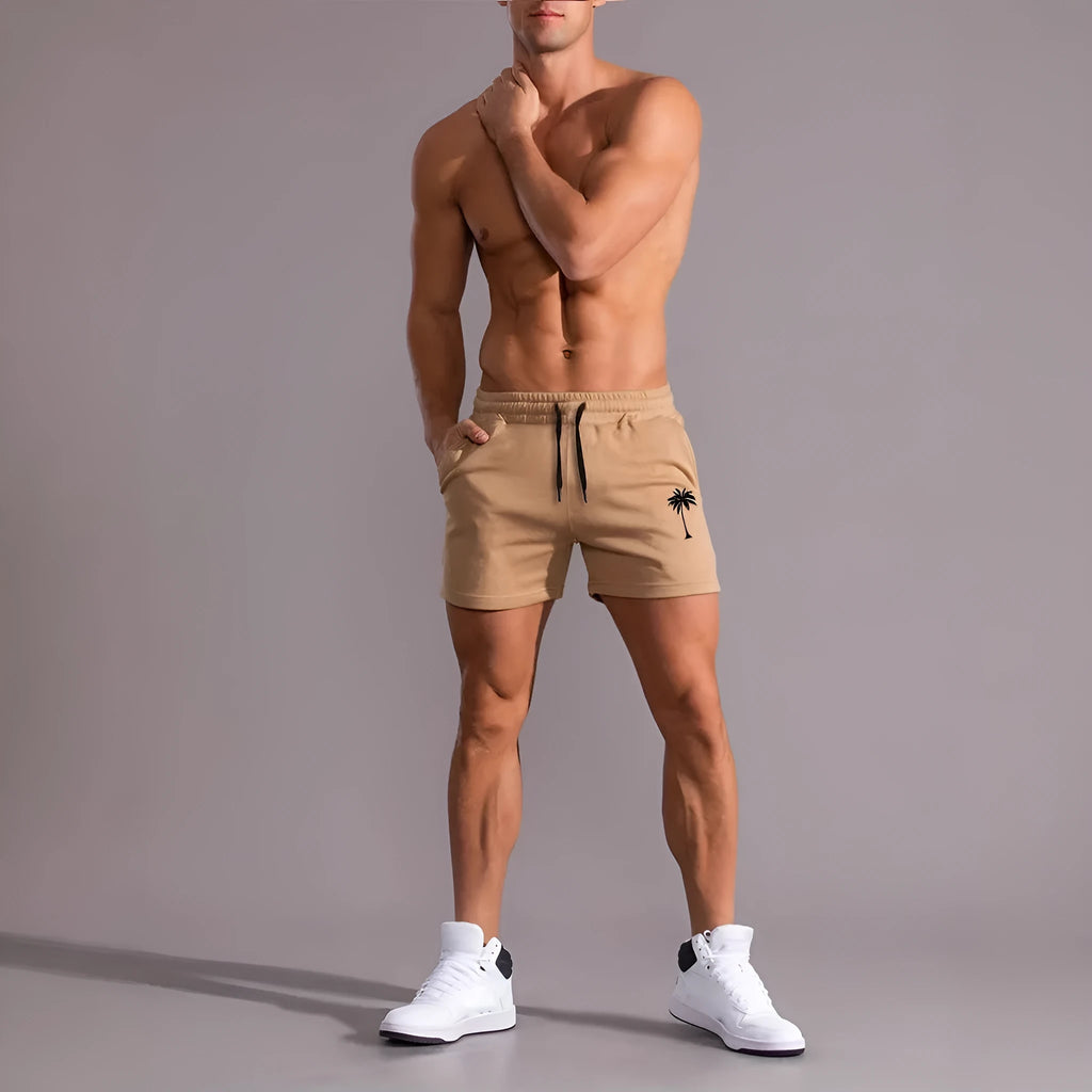 Men's khaki shorts with white coconut print pattern, straight leg style, micro-elastic polyester fabric for summer sports and beach wear