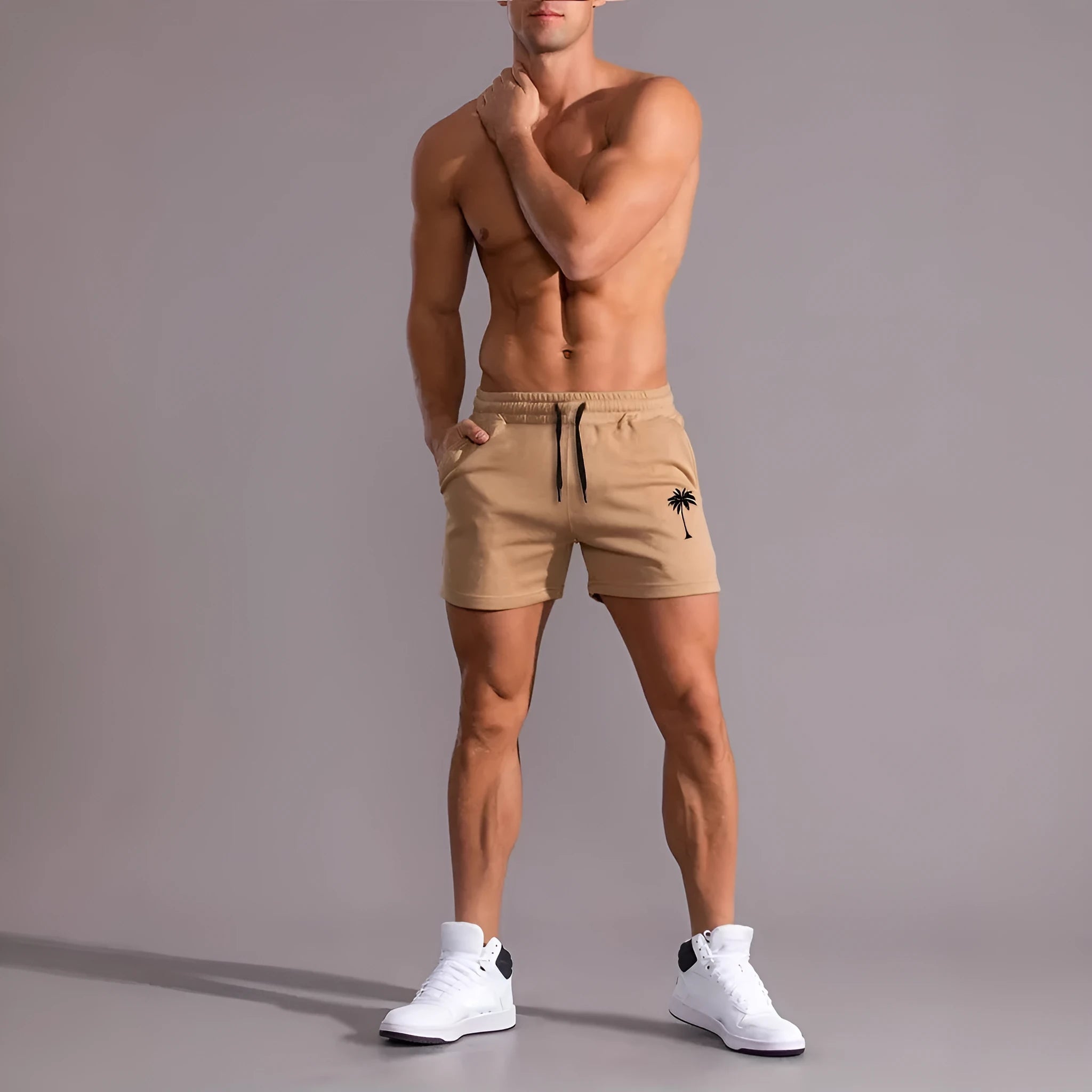 Men's khaki shorts with white coconut print pattern, straight leg style, micro-elastic polyester fabric for summer sports and beach wear