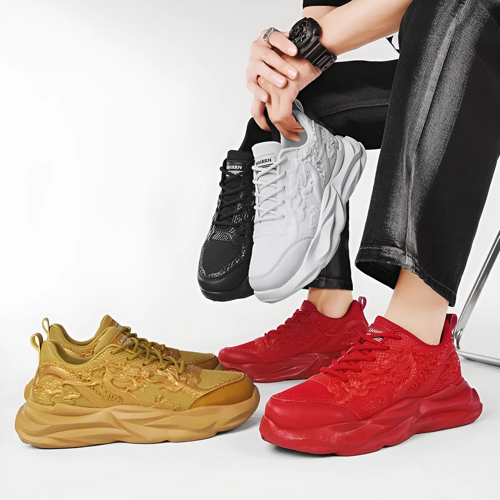 Chinese Loong breathable fly knit sneakers with dragon design and rubber sole in casual style