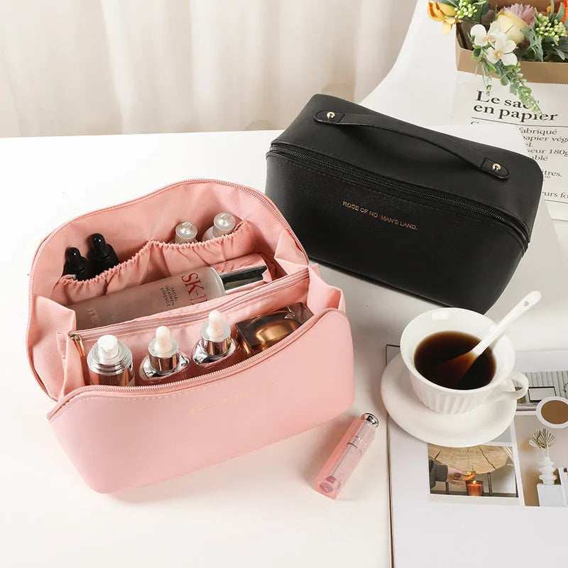 Korean style large capacity pillow cosmetic bag in milky white with waterproof PVC and letter pattern