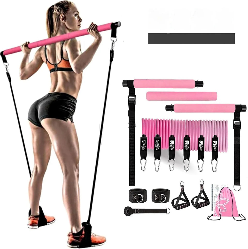 Yoga gymnastic bar with 180-pound TPE resistance band set in pink and black colour options