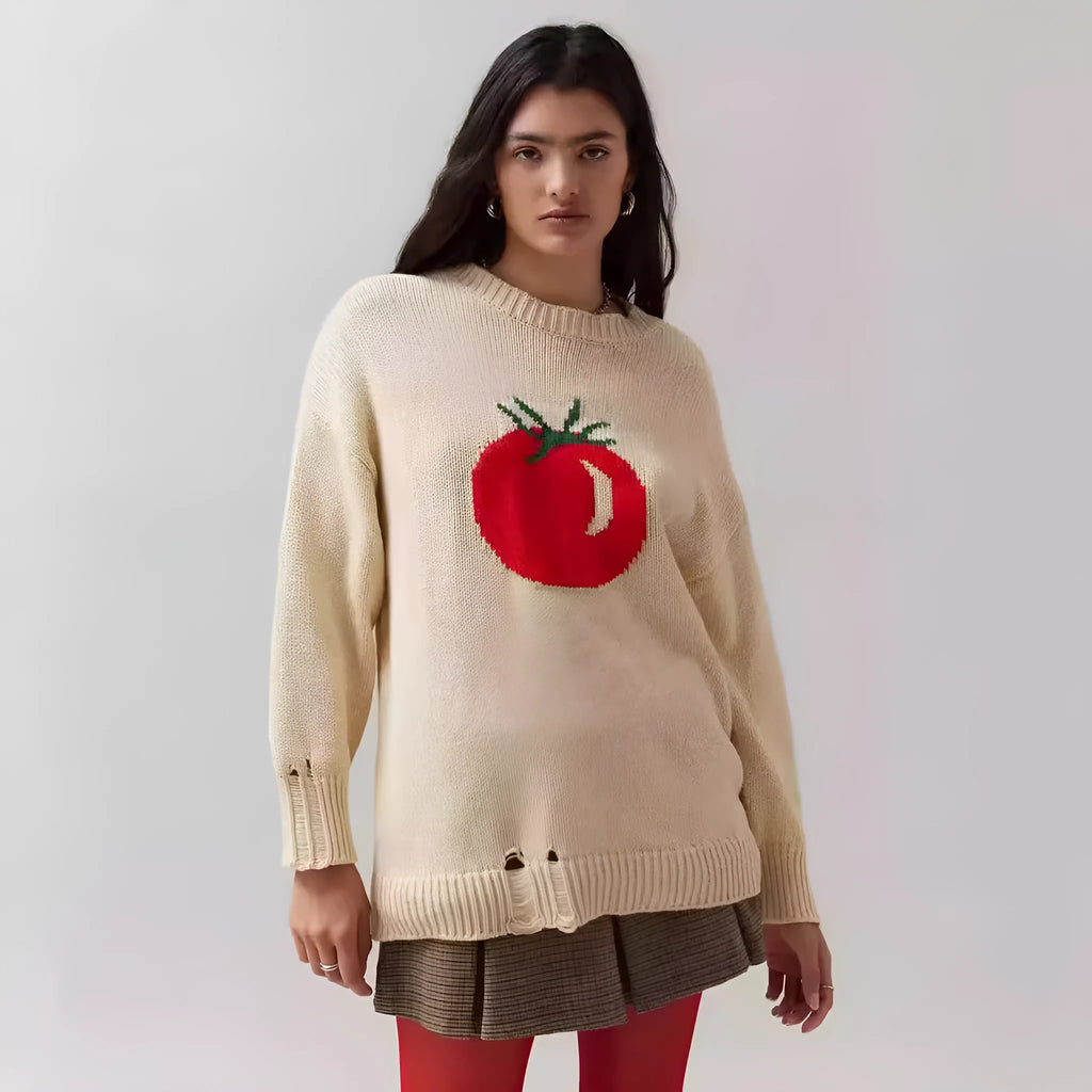 Women's beige loose-fitting acrylic sweater with round neck and long sleeves