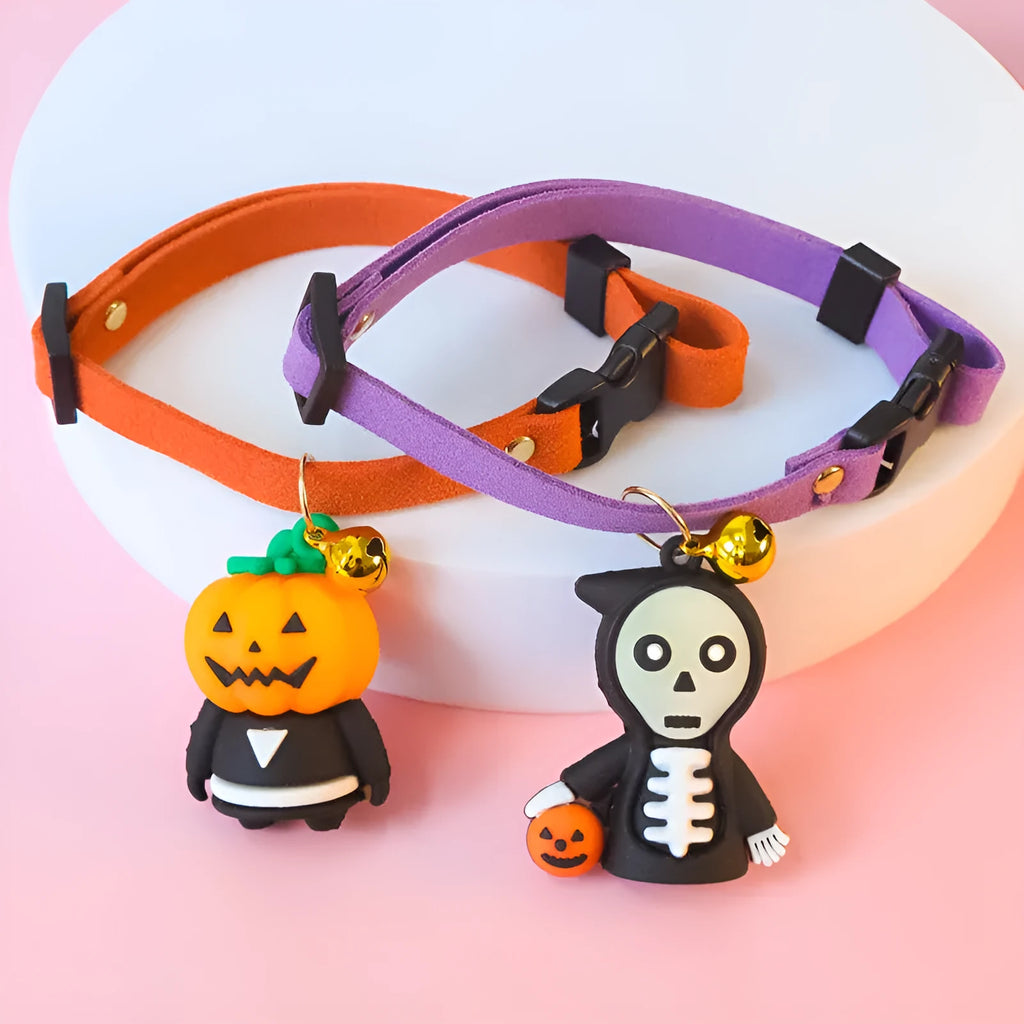 Halloween pet collar decoration showing pumpkin man, luminous brat, and luminous skull patterns with adjustable sizing