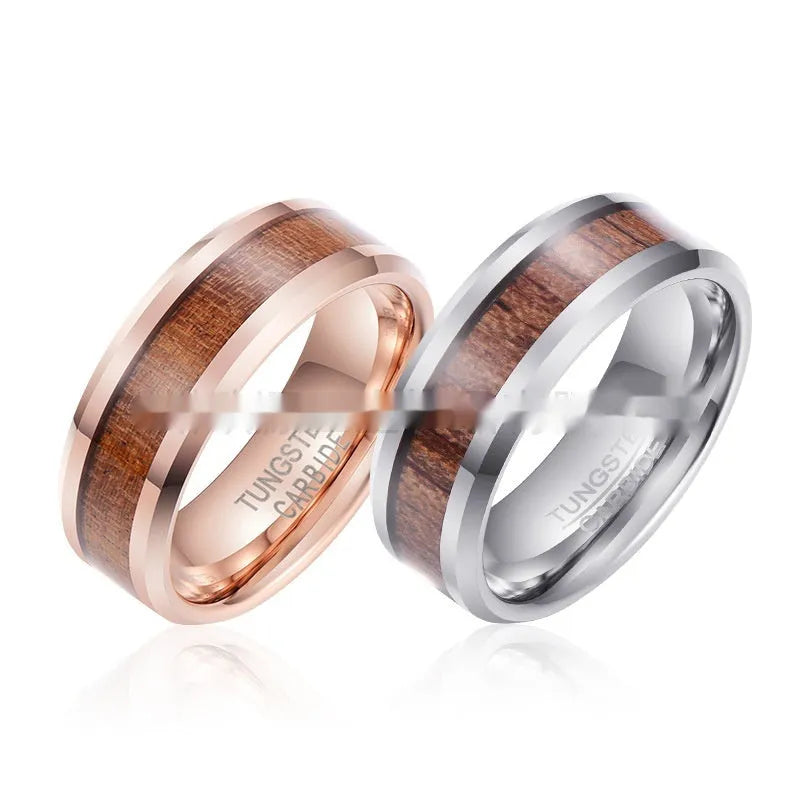 Ugyen tungsten men's ring with wood and leather design in 8mm rose gold or steel finish