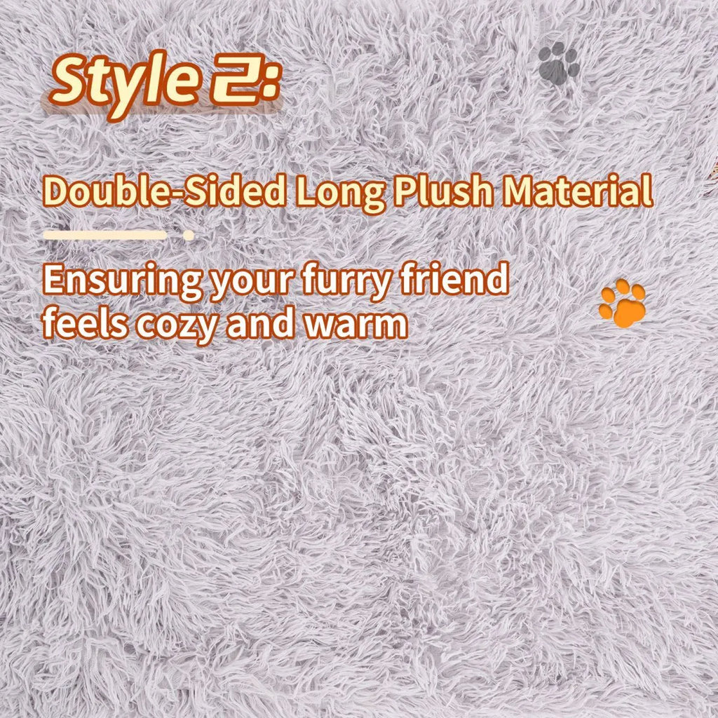 Light grey pet blanket made of velvet and long plush, with fluffy texture, on a sofa