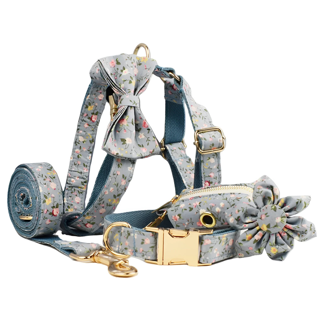 Blue floral polyester cotton dog collar and matching accessory set including leash, vest, bow tie, and waste bag