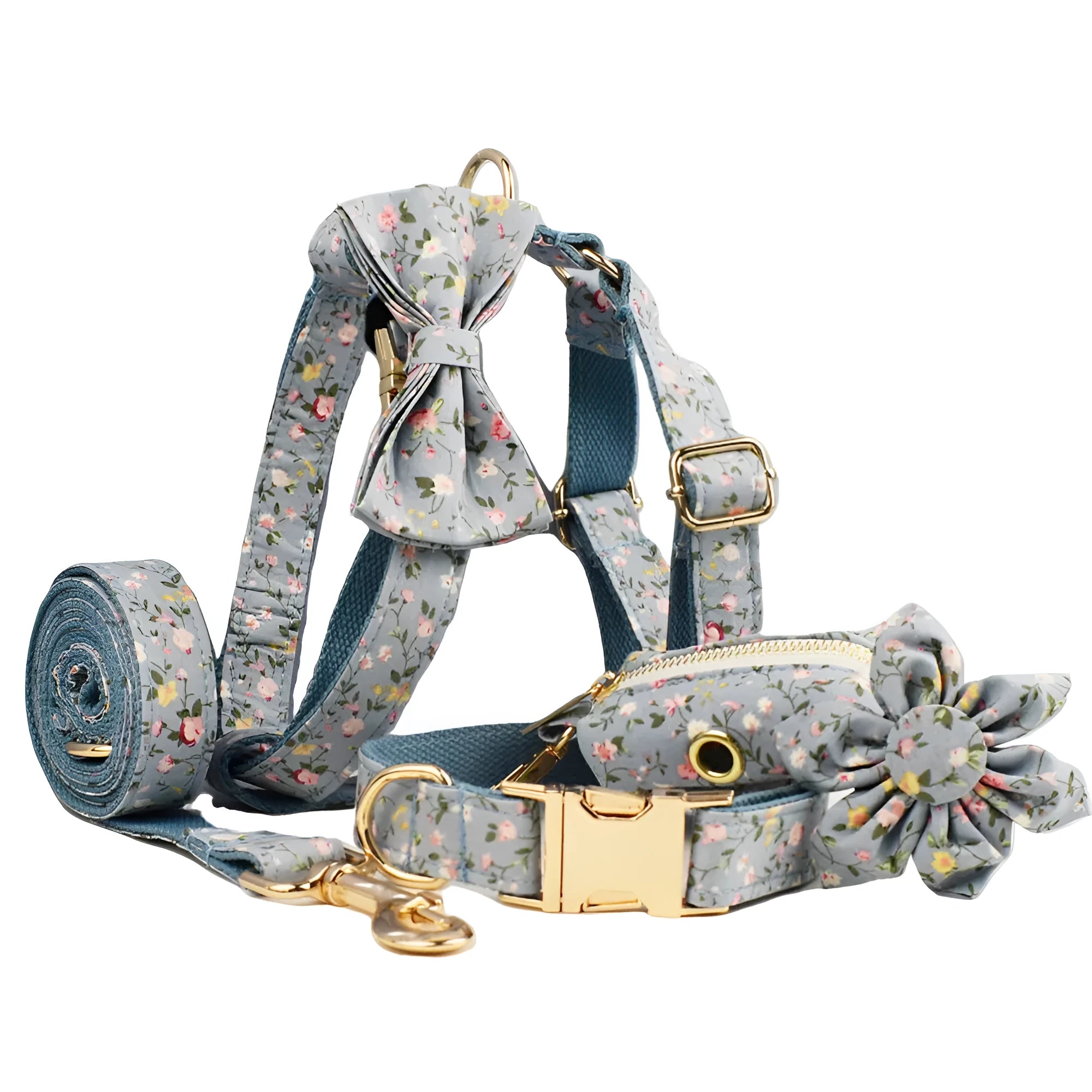 Blue floral polyester cotton dog collar and matching accessory set including leash, vest, bow tie, and waste bag