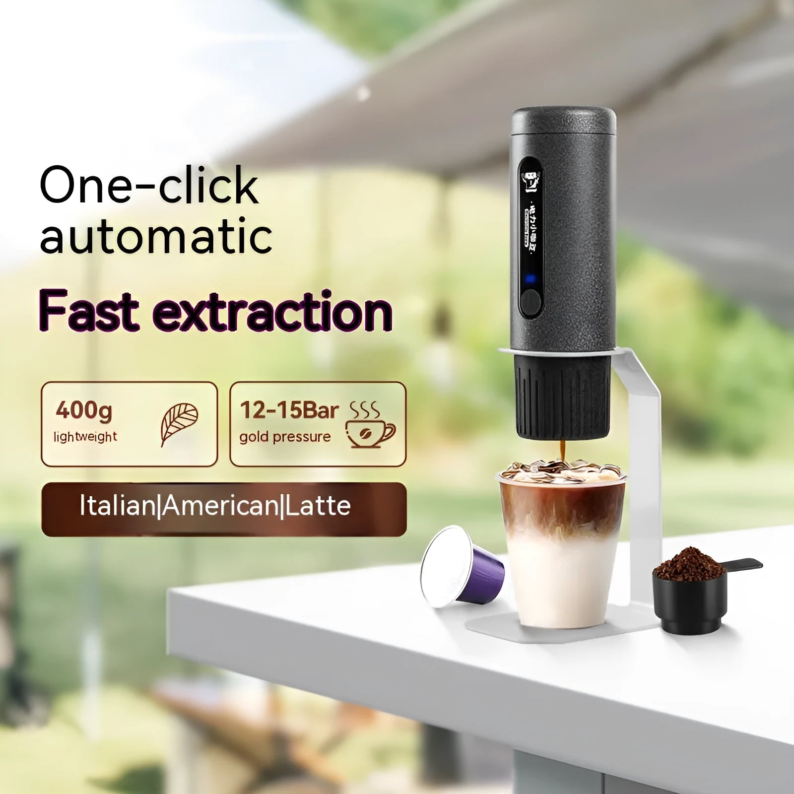 Portable mini coffee machine 60x60x187mm in dark starry sky colour with plastic body and one-key button