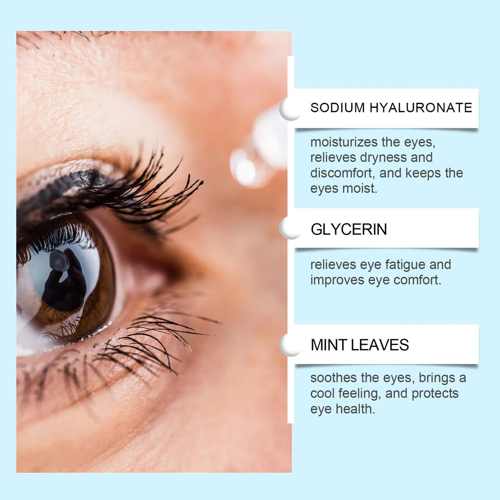 Bottle of moisturizing eye drops with mint leaf extract and sodium hyaluronate formula
