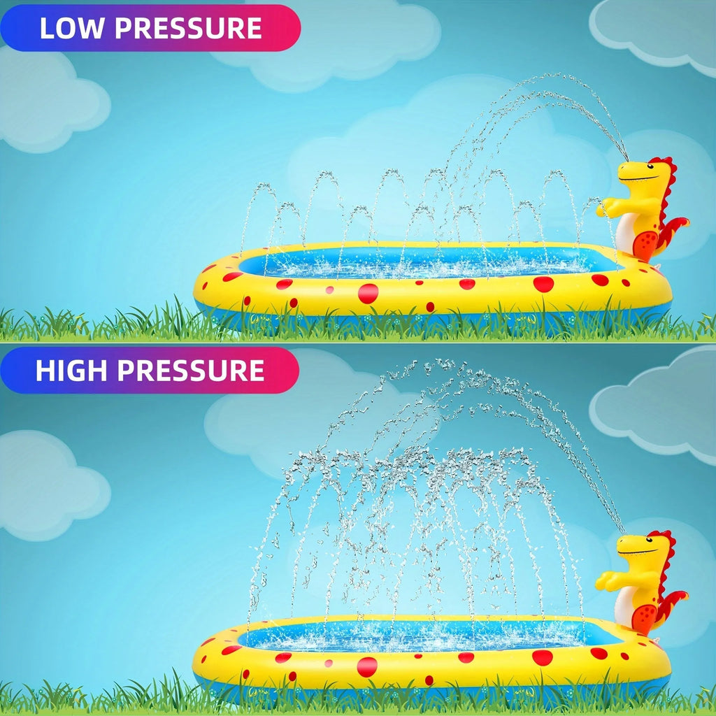 Blue inflatable dinosaur-shaped children's paddling pool with water spray play mat in a garden.
