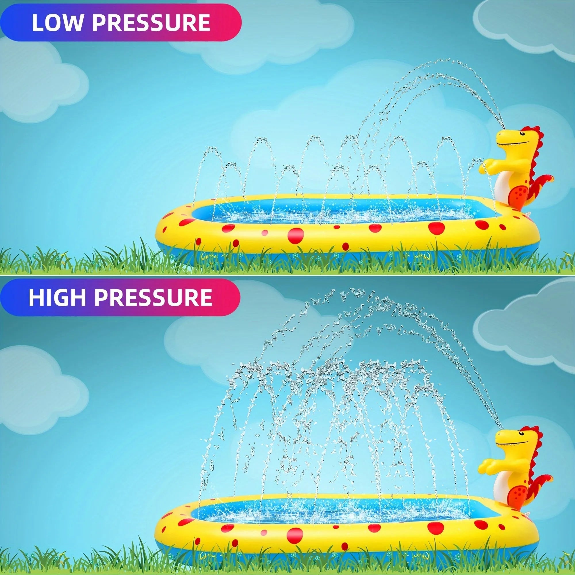 Blue inflatable dinosaur-shaped children's paddling pool with water spray play mat in a garden.