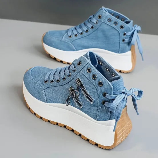 Women's high-top platform casual shoes round toe artificial PU in black, blue, or khaki