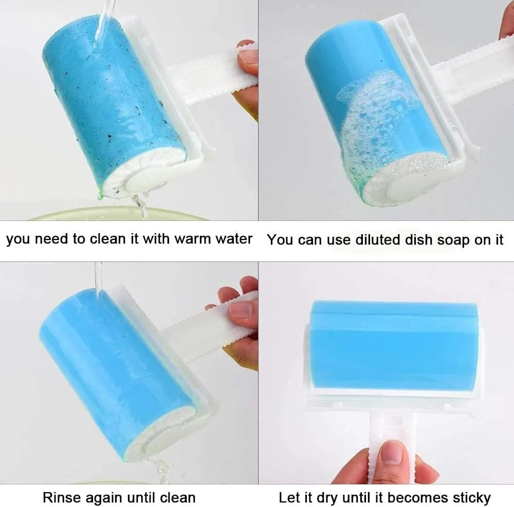 Blue reusable washable lint roller with cover for removing pet hair from clothes.