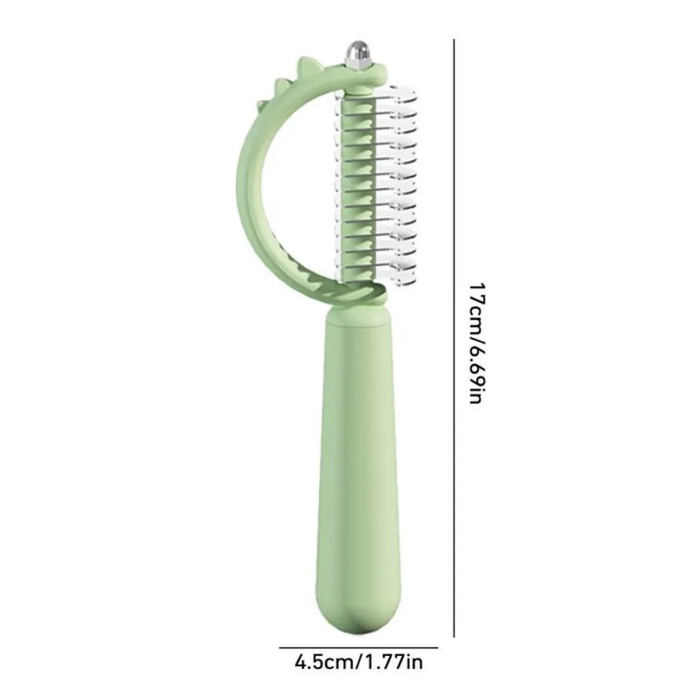 Blue dinosaur-shaped self-cleaning cat brush with stainless steel bristles on a white background