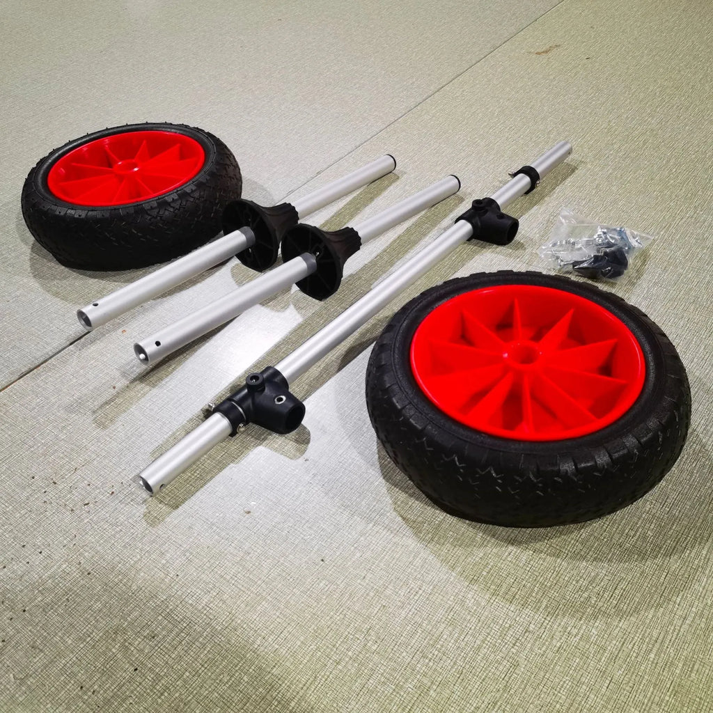 Foldable aluminium kayak beach trailer with upright pole platform on sand