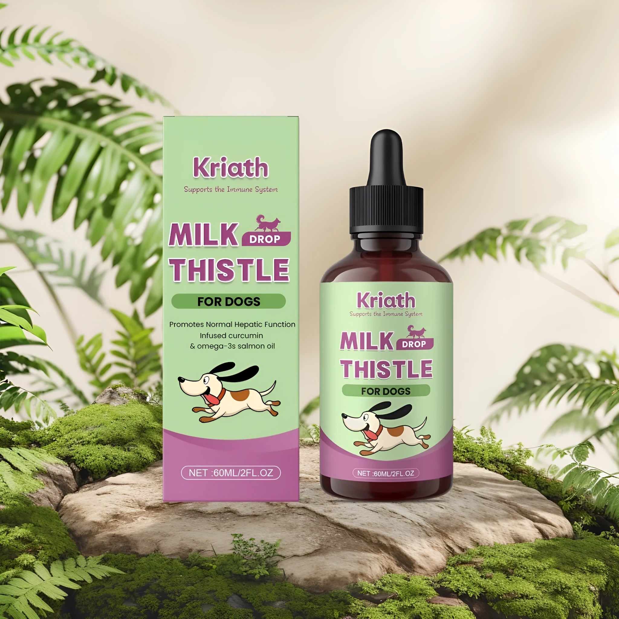 60ml bottle of dog milk thistle extract nutrient solution with turmeric and omega-3s