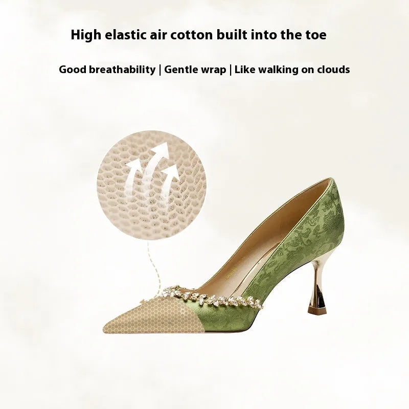Satin rhinestone high heel wedding shoes in champagne colour with slip-on design