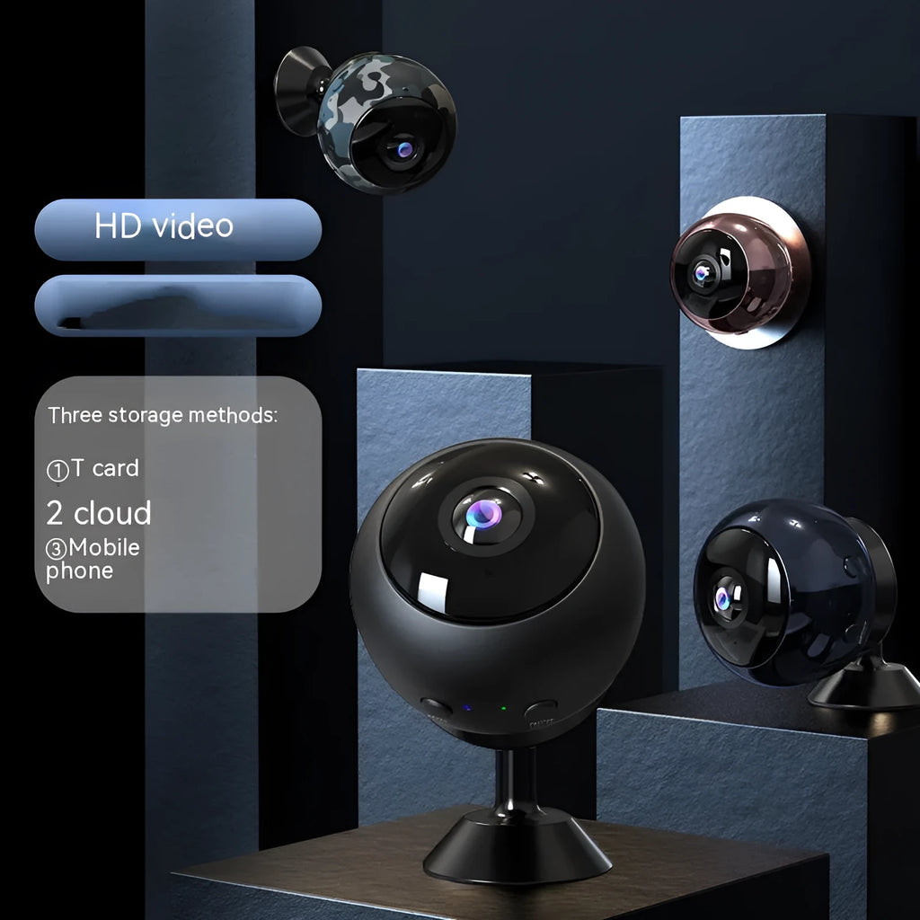 1080p wireless WiFi surveillance camera with ABS housing on a flat surface.