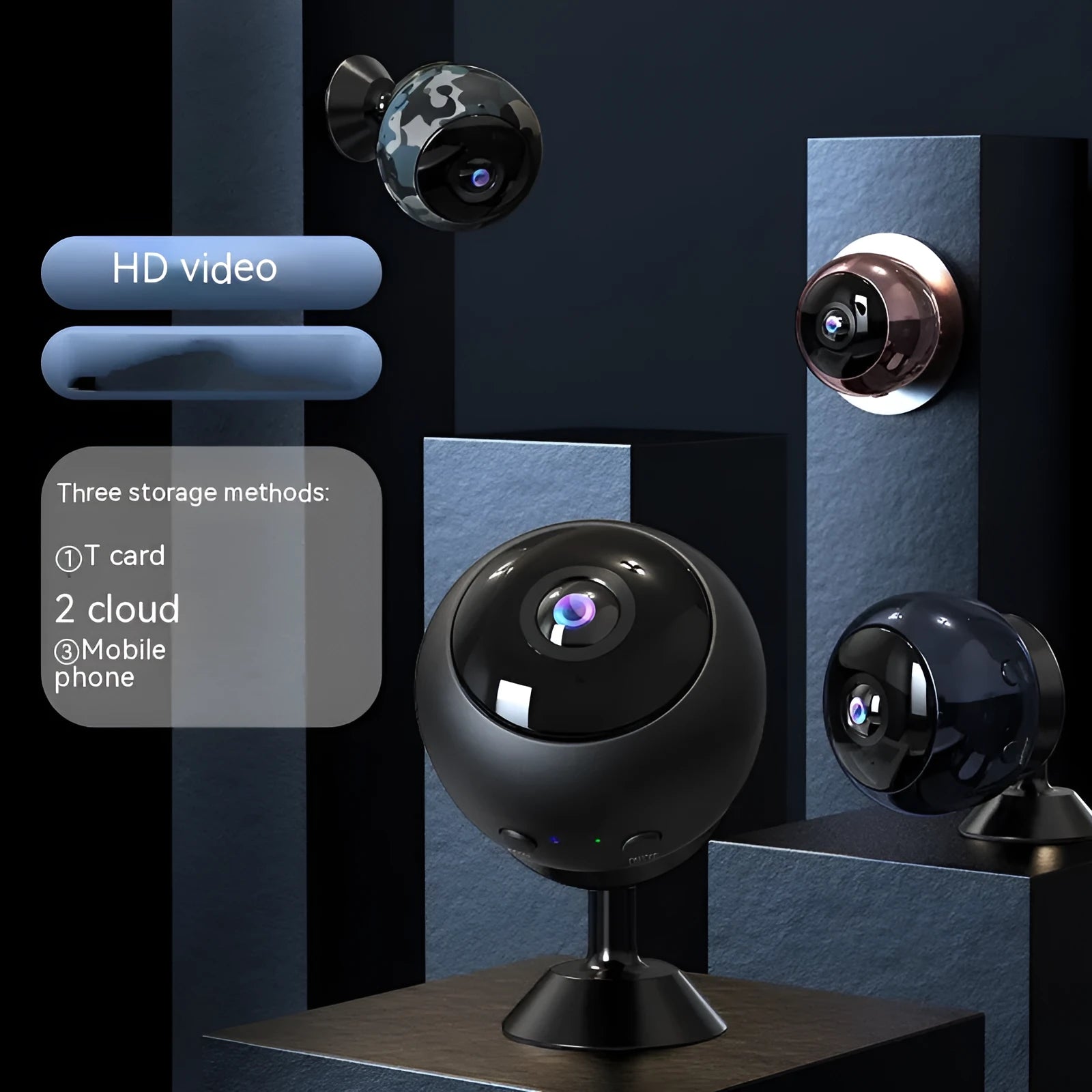 1080p wireless WiFi surveillance camera with ABS housing on a flat surface.