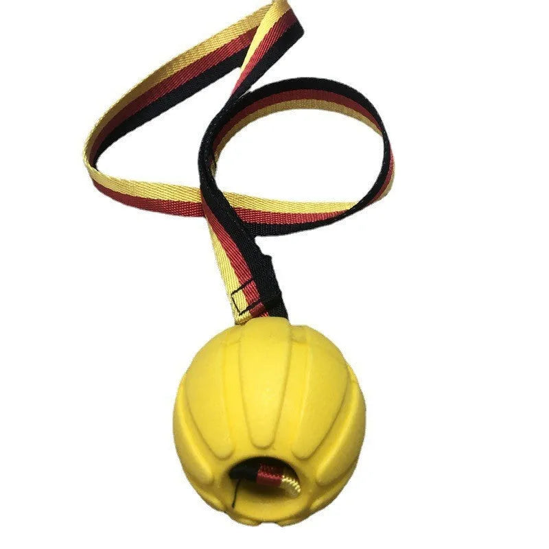 Floating EVA water training ball for dogs in camouflage and yellow colours showing different size options