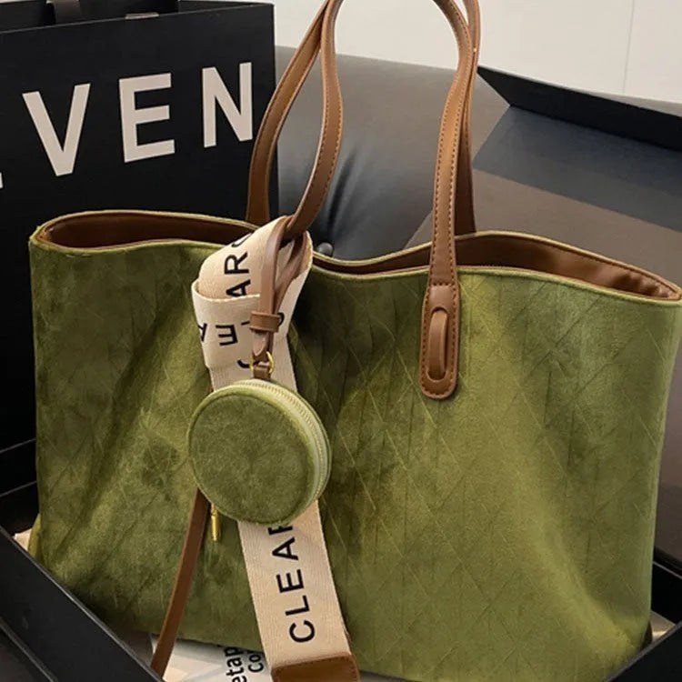 Casual large square polyester shoulder bag with zippered compartment in black, brown, green, or light khaki colour options