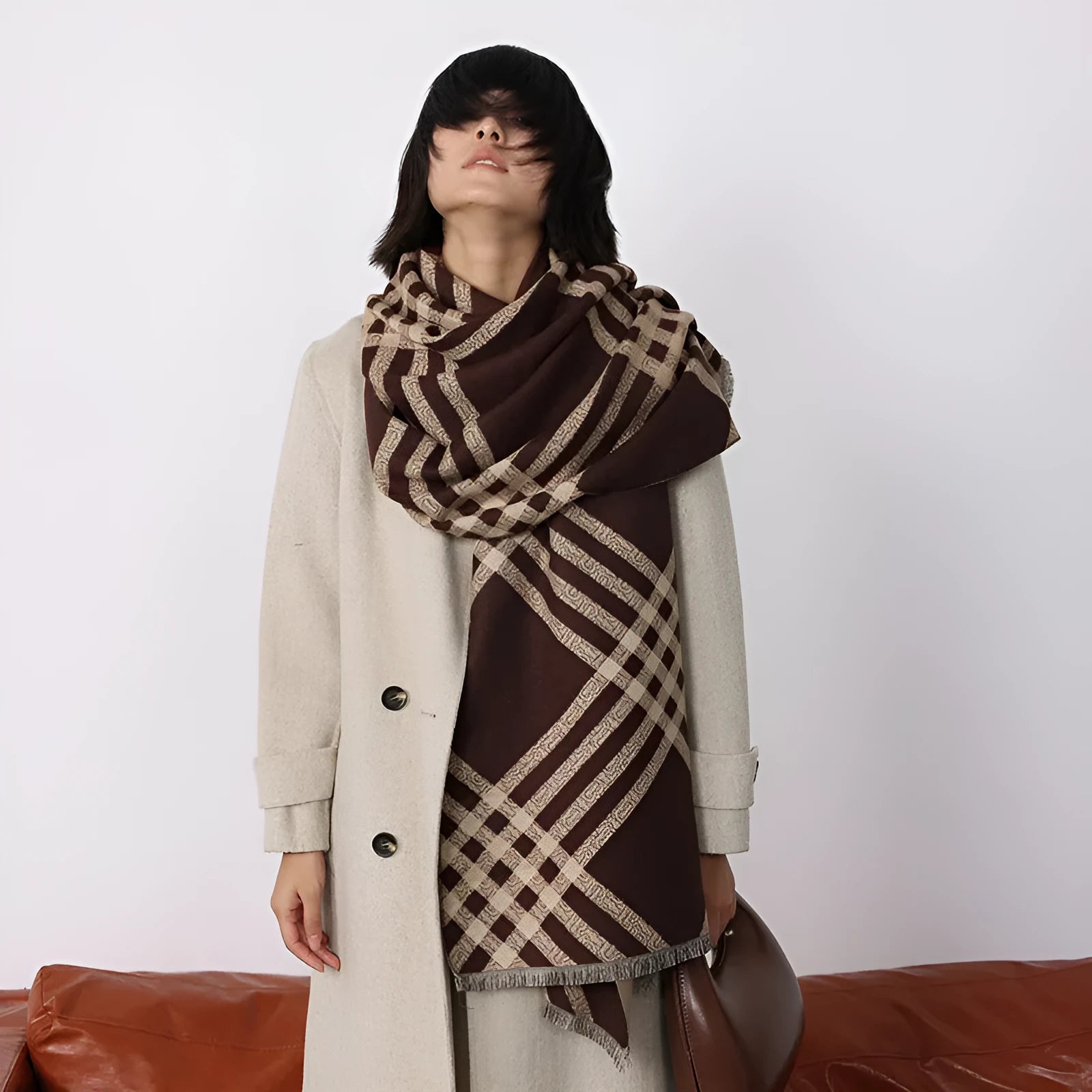 Qianjin imitation cashmere tassel scarf in 185x65cm size shown in four colours brown black black camel khaki