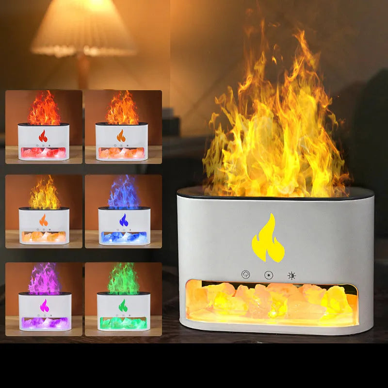 New Flame Humidifier with 3D simulation flame, crystal salt stone, colourful night light, USB powered, white shell