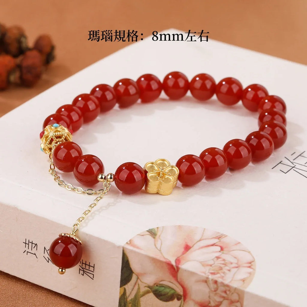 Natural agate bracelet with 8mm beads and peach blossom copper parts for women