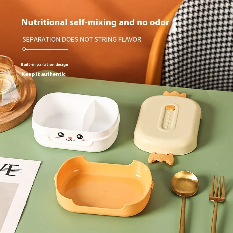 Square divided plastic lunch box in dark blue, orange yellow, or pink and green, shown with compartments.