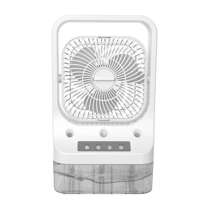 White USB rechargeable cooling fan with three spray nozzles, 270-degree adjustable head, and night light on a desk