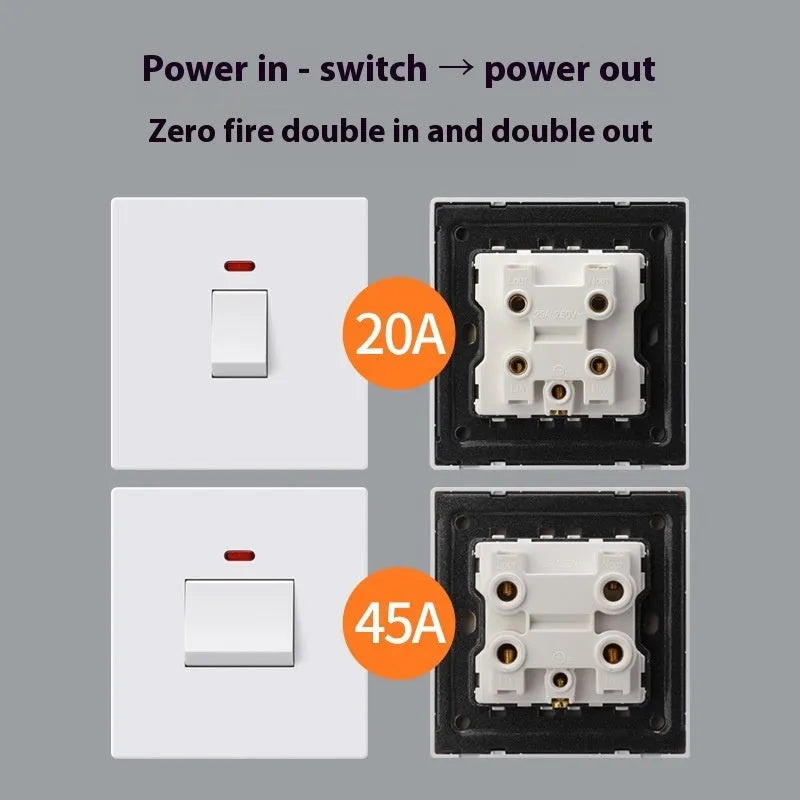 High-current illuminated electrical switch in gold, grey, or white for water heater and air conditioning units.