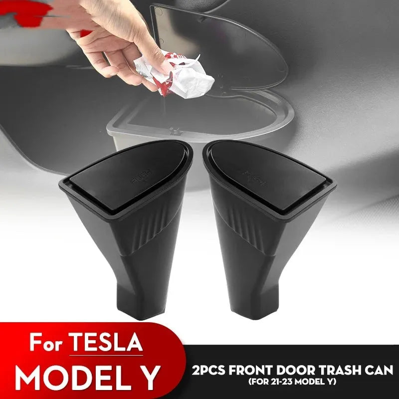 Black car door trash cans for Tesla Model Y front doors with waterproof ABS plastic construction