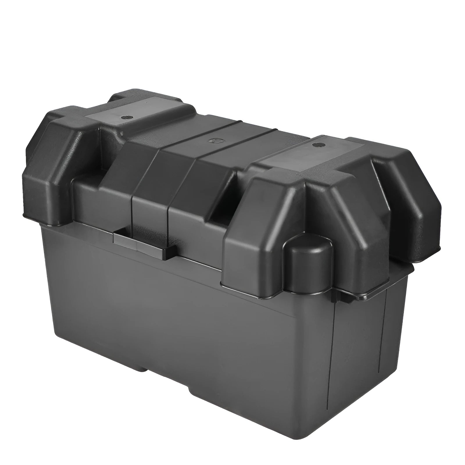 Battery storage box in black PP plastic with strap and base screw fixing, small size shown