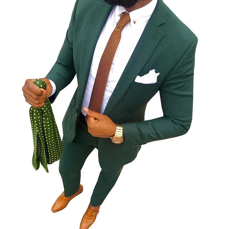 Men's cotton banquet suit in multiple colours, showing jacket and trousers, available in sizes XXS to 7XL.