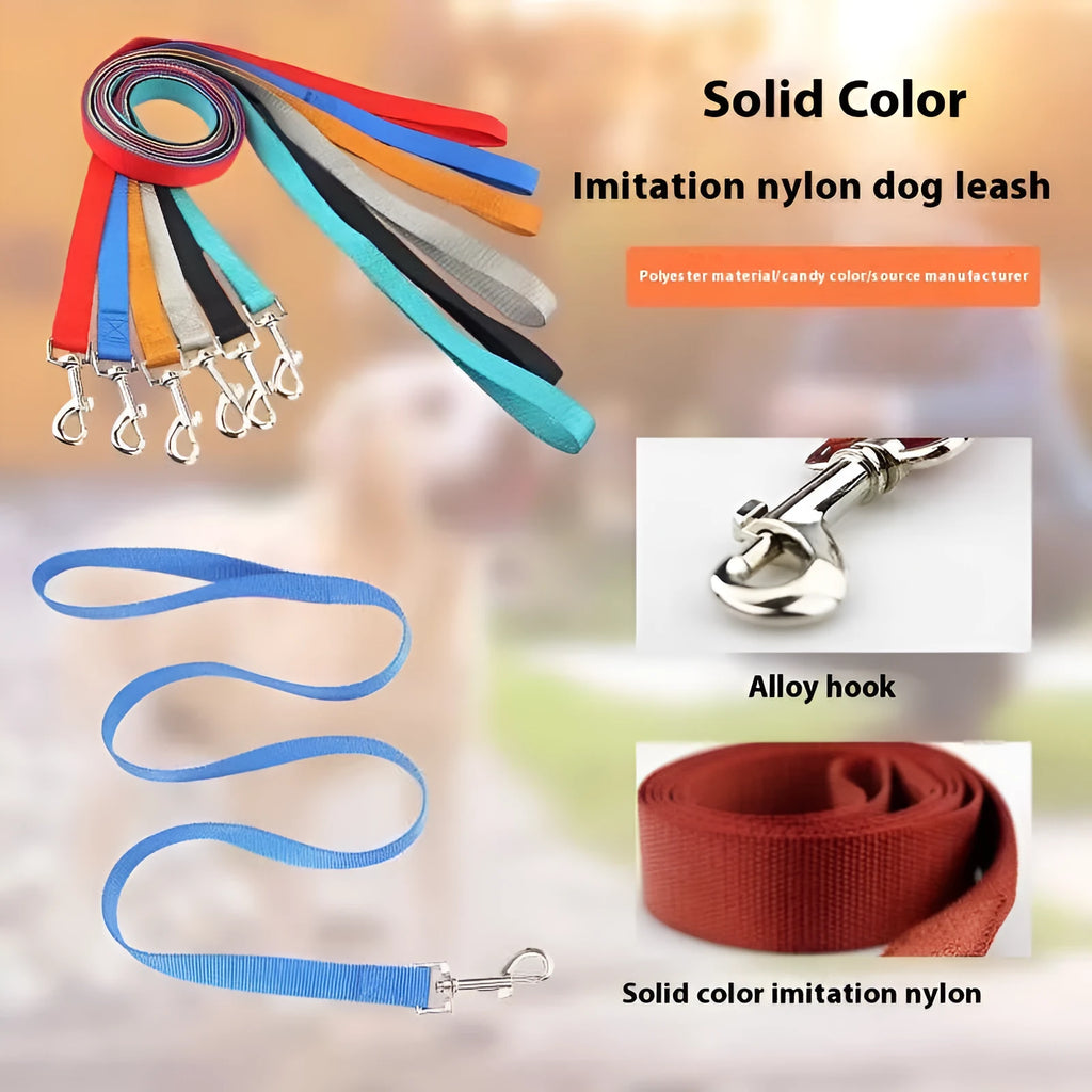 Solid colour polyester dog rope lead with integrated handle in blue, shown with size options.