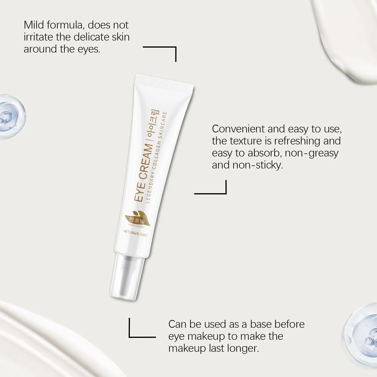 Collagen eye cream with hyaluronic acid in a 20g white pot, product shot