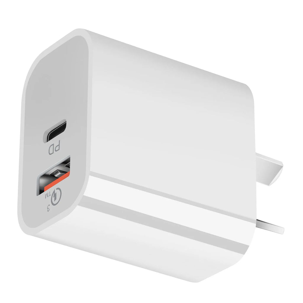 White dual port Australian standard charger with USB-A and USB-C interfaces, compact 63x40x22mm size