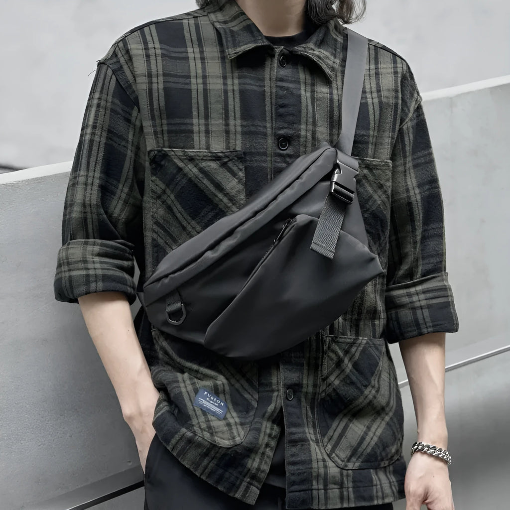 Men's Japanese leisure slanted chest bag in black made from Oxford fabric, 8 inch size with sewing line detail