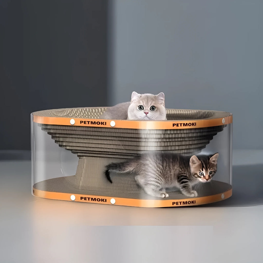 Transparent white PVC and cardboard cat scratch board with integrated tunnel cat bed