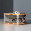 Transparent white PVC and cardboard cat scratch board with integrated tunnel cat bed